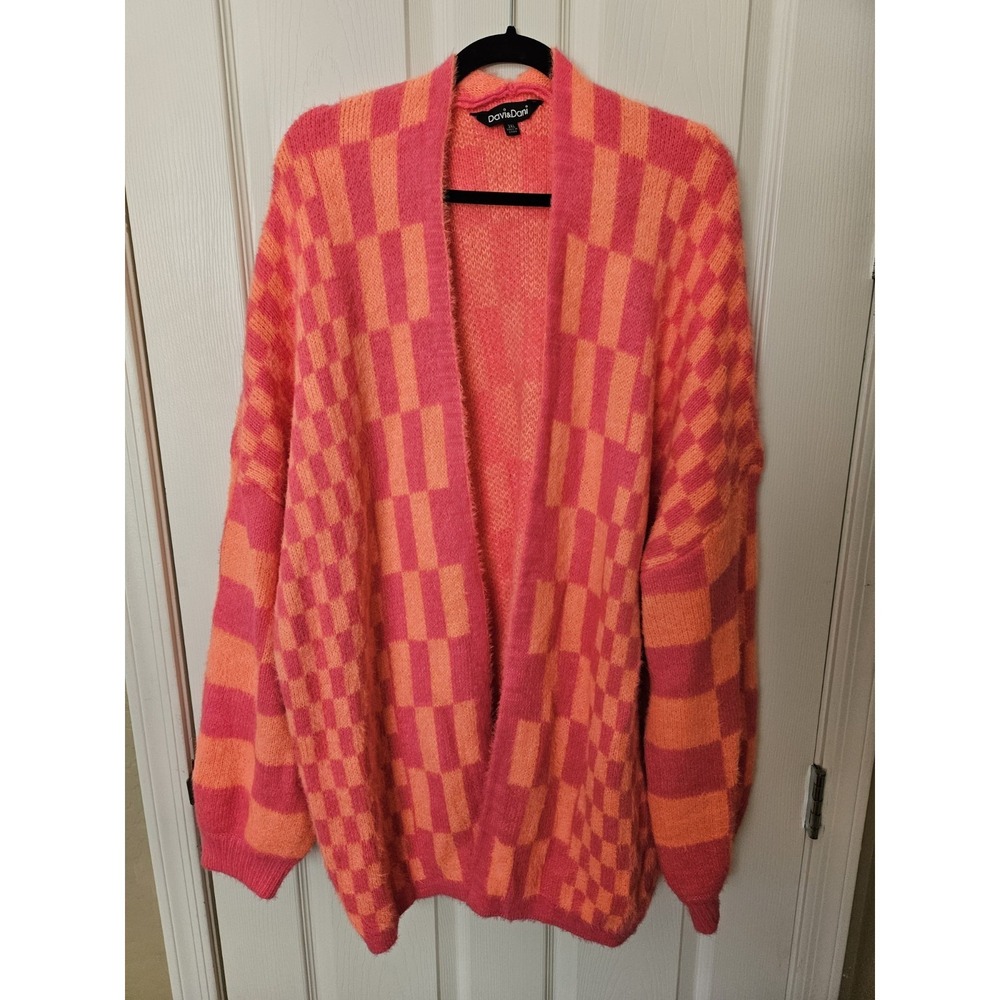 Davi & Dani Orange Pink Checkered Open Front LS Side Pockets Cardigan, Plus 3XL